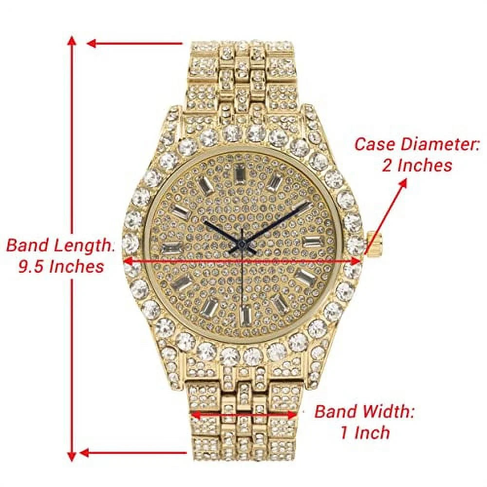Blinged-Out Cuban Necklace with Matching Bracelet &amp; Fire Iced-Out Timepiece – Boujee 3-Piece Set 2023 (Gold/Gold, CNBW ST10226)