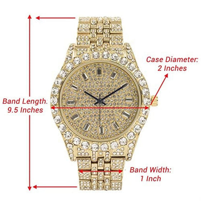 Blinged-Out Cuban Necklace with Matching Bracelet &amp; Fire Iced-Out Timepiece – Boujee 3-Piece Set 2023 (Gold/Gold, CNBW ST10226)