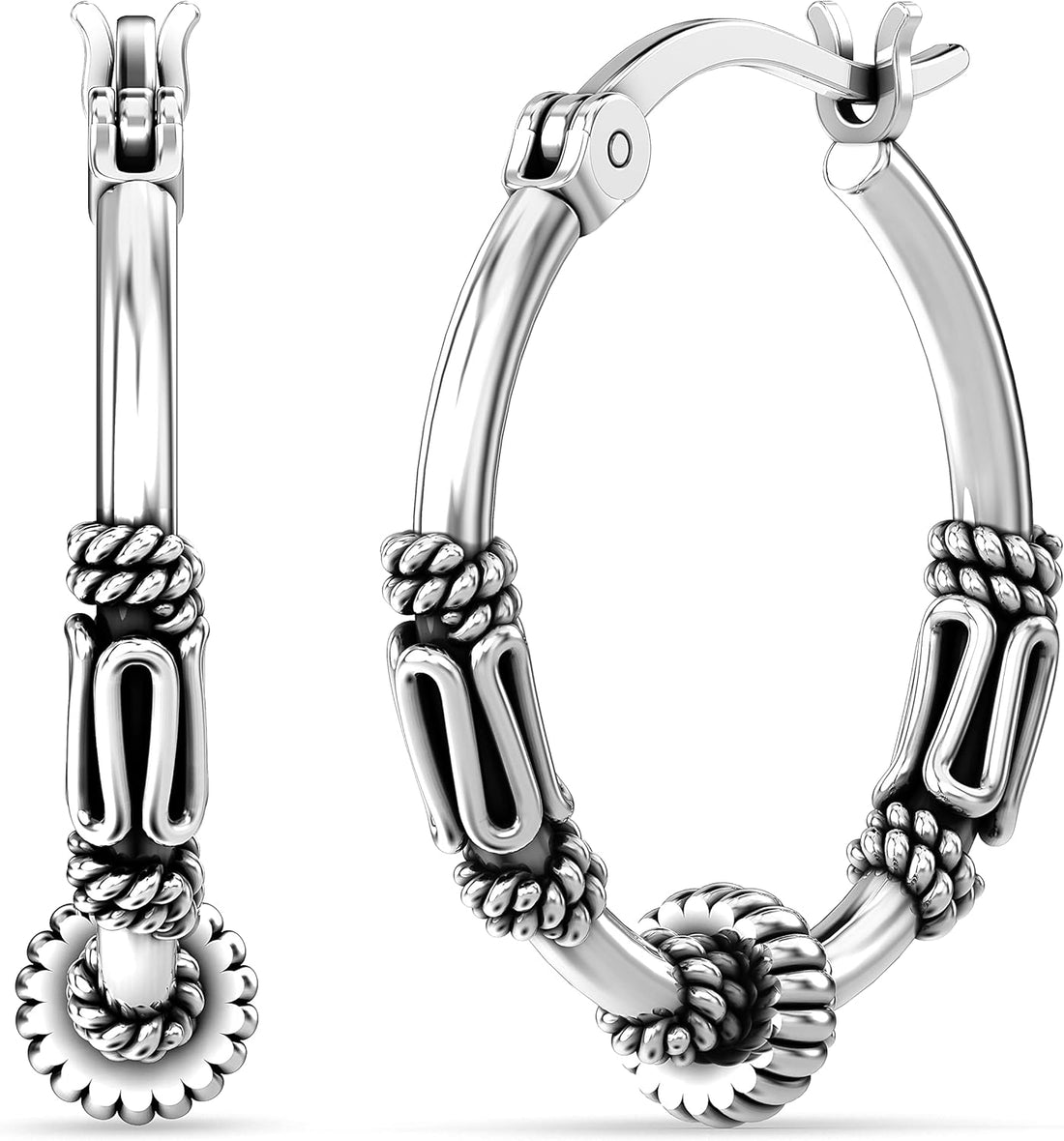 925 Sterling Silver Oxidized Balinese Small Beaded Hoop Earrings – Antique Bali Style Jewelry for Women