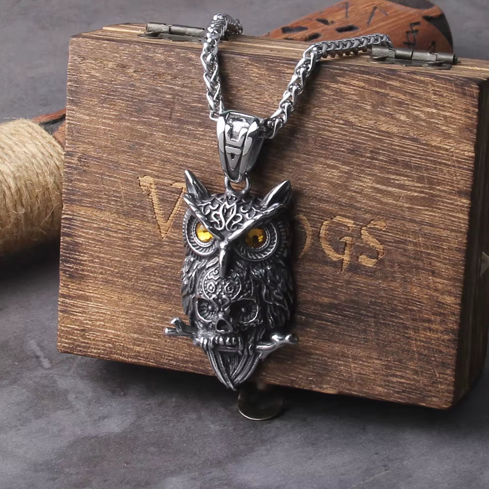 Gothic Owl Skull Viking Pendant Necklace – Stainless Steel Punk Biker Jewelry for Men