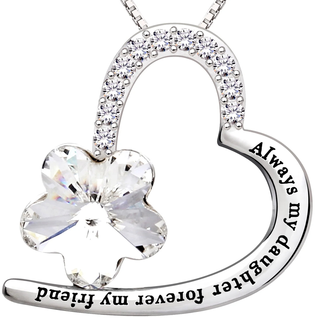 Sterling Silver “Always My Daughter, Forever My Friend” Heart Necklace – CZ Crystal Pendant