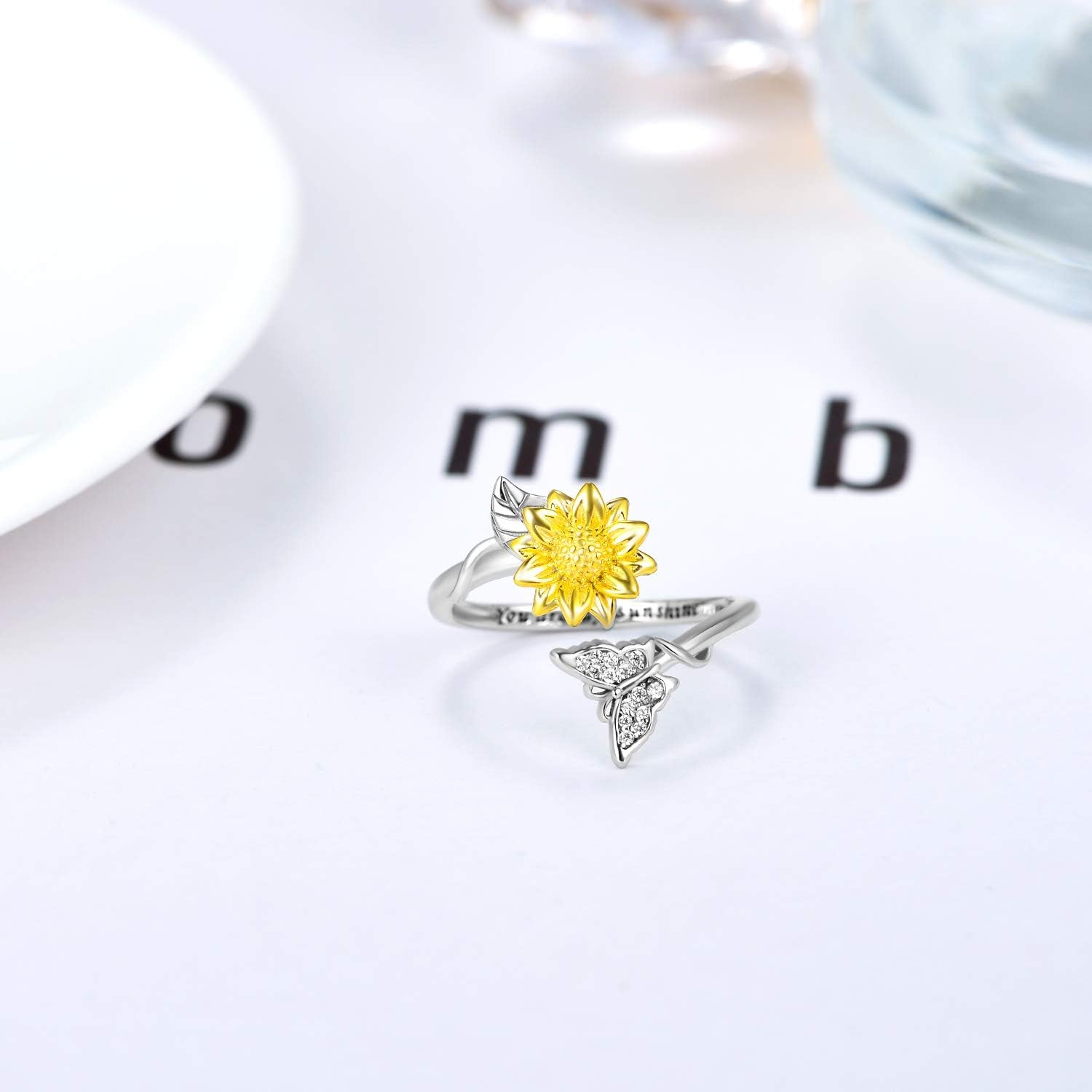 🌻 Christmas Gifts for Women – 925 Sterling Silver Sunflower/Rose/Initial G Butterfly Rings | “You Are My Sunshine” Adjustable Jewelry Gift