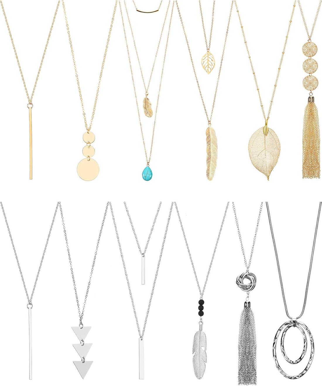 12-Piece Long Pendant Necklace Set for Women – Y Tassel, Leaf, Circle &amp; Bar Layered Necklaces