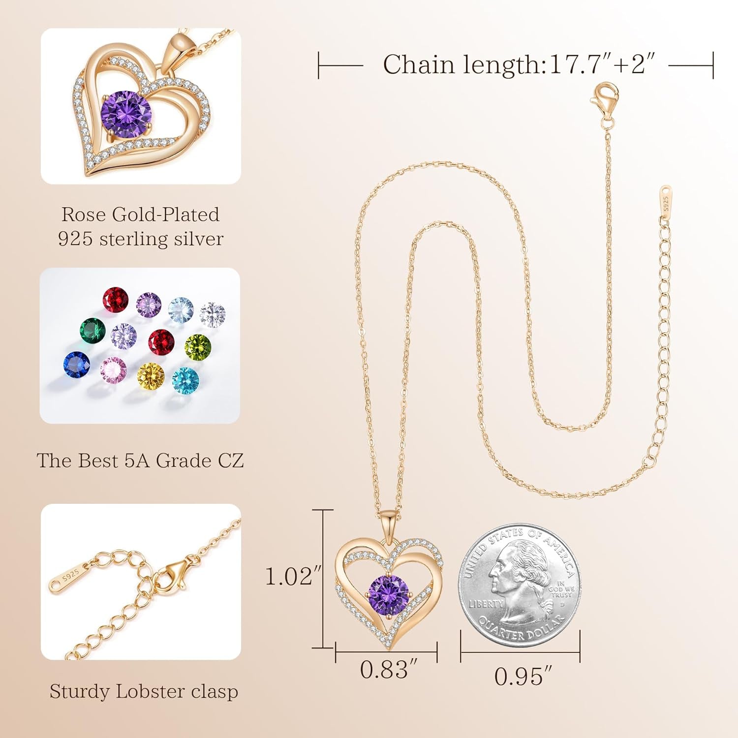 925 Sterling Silver Love Heart Birthstone Necklace for Women – Personalized Pendant Jewelry Gift for Wife, Mom, or Her – Birthday, Anniversary, or Mother’s Day