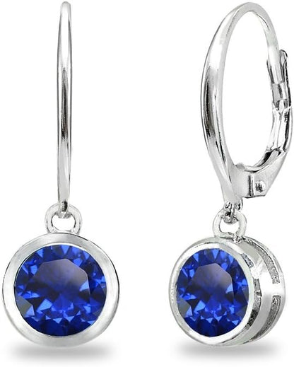 Birthstone Dangle Earrings for Women – 6mm Round Bezel-Set Leverback Earrings in Sterling Silver or Gold Flash
