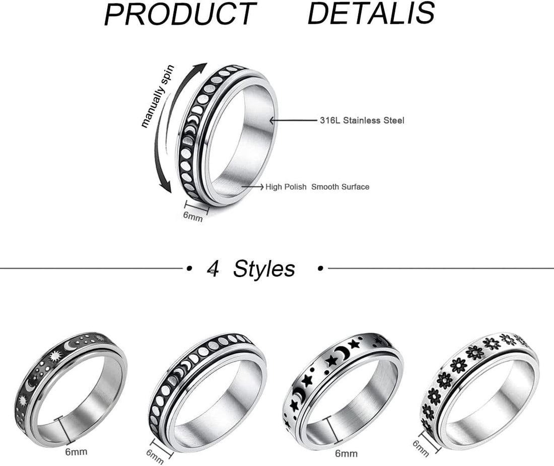 4PCS Stainless Steel Band Rings for Men – Black Spinner &amp; Plain Wedding Ring Set