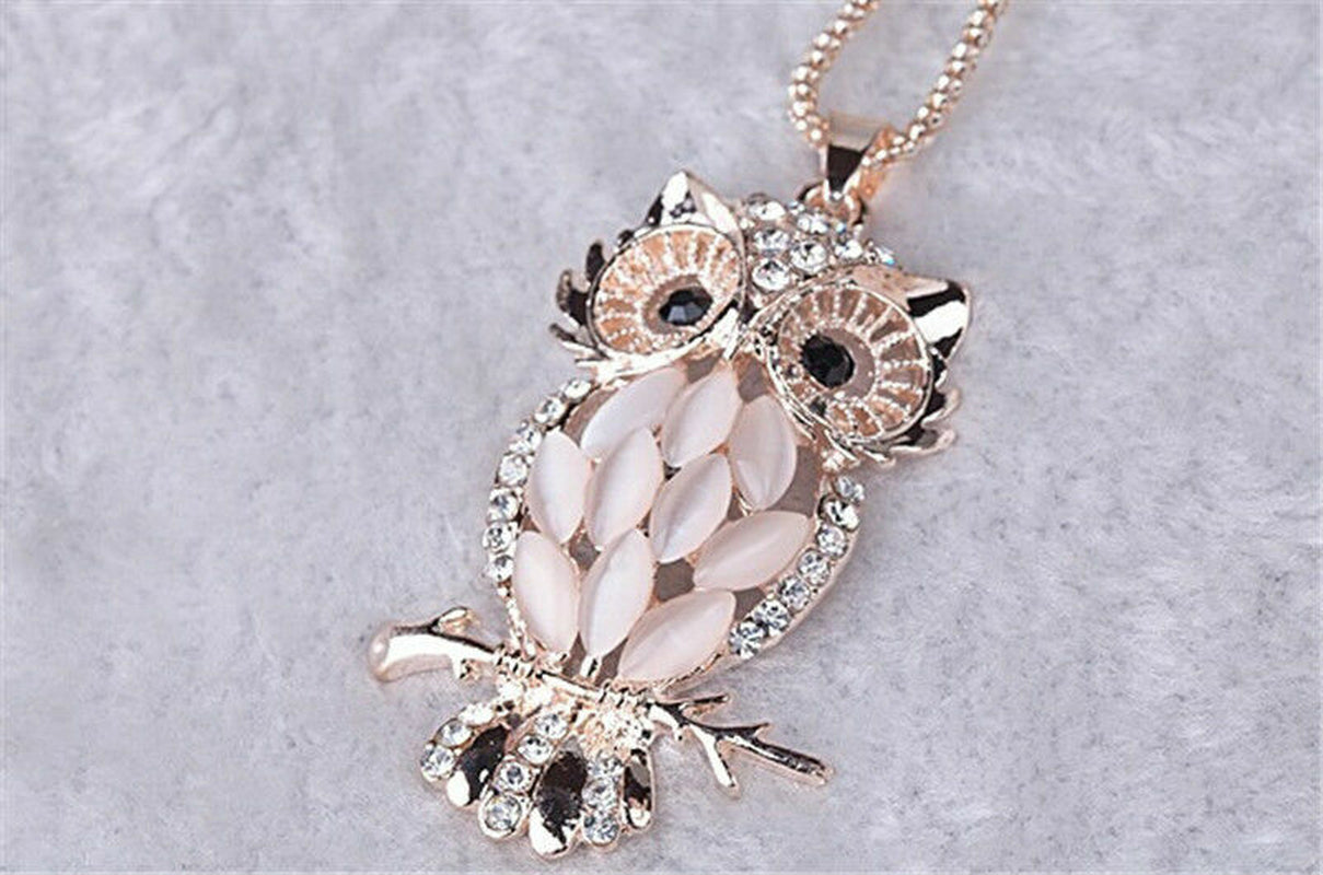 Fashion Sweater Chain Owl Necklace with Opal Stone Pendant – Trendy Sweater Chain Jewelry