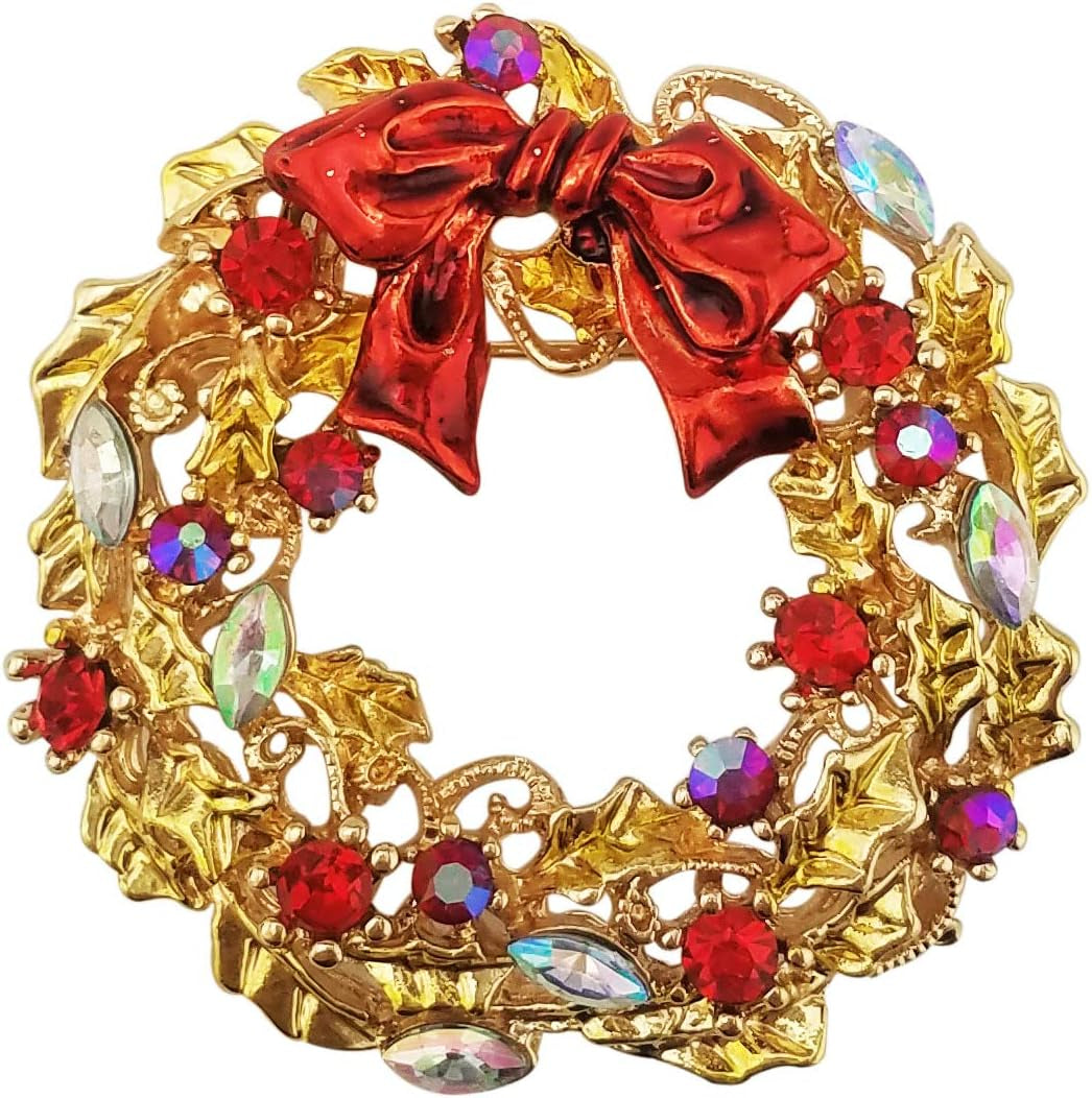Red Enamel Crystal Wreath Christmas Brooch Pin – Gold Tone Festive Accessory