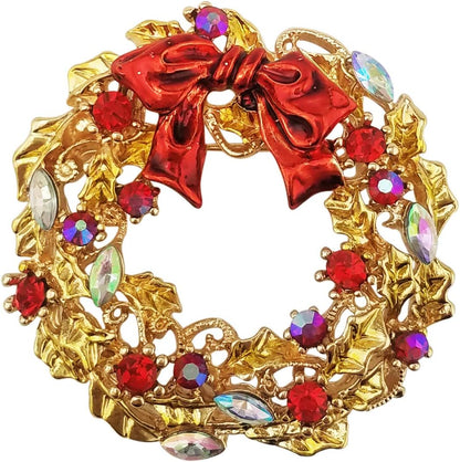 Red Enamel Crystal Wreath Christmas Brooch Pin – Gold Tone Festive Accessory
