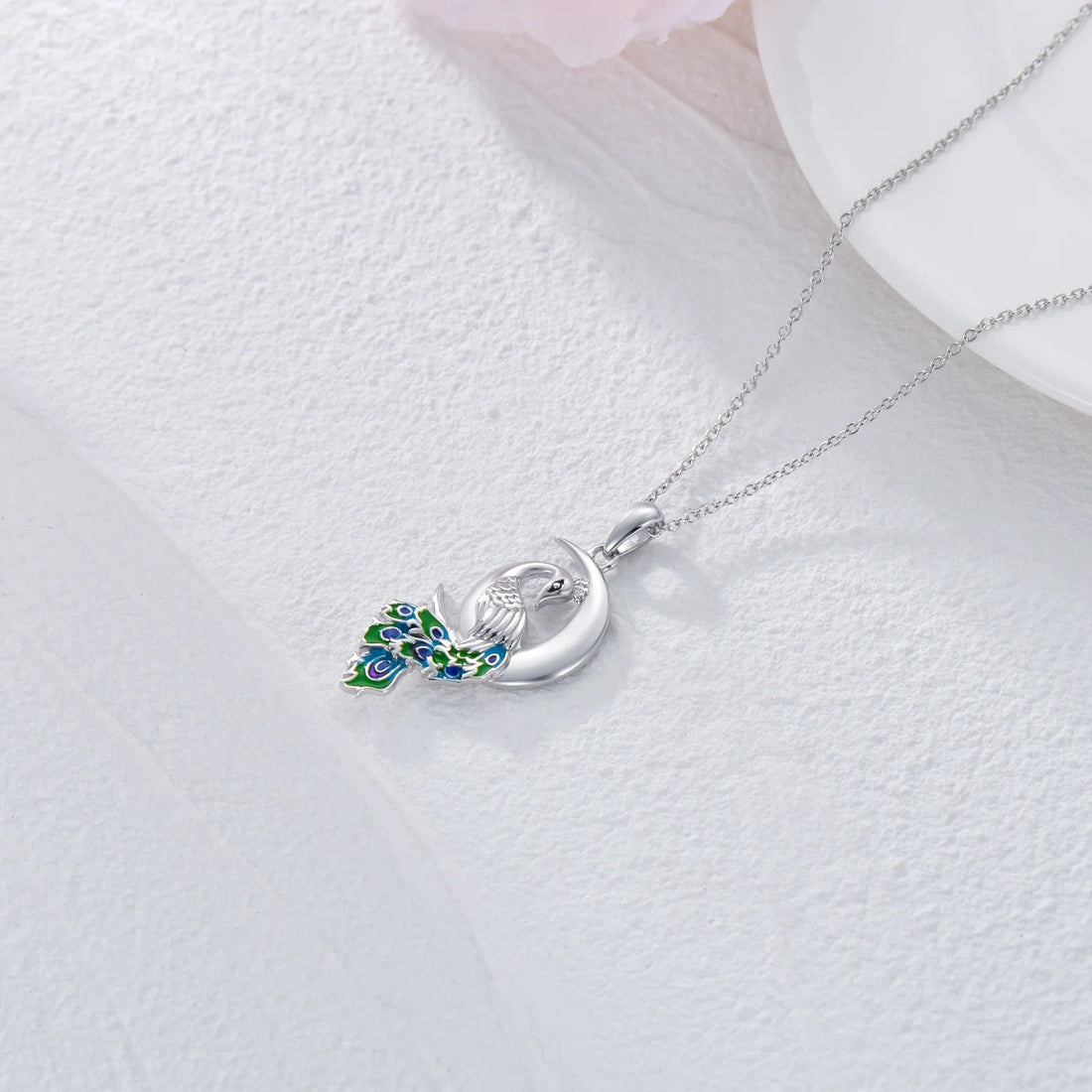 Peacock Moon Crystal Necklace – 925 Sterling Silver Crescent Pendant Jewelry for Women