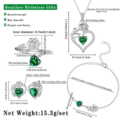 Rose Heart Jewelry Set – May Birthstone Rose Flower Necklace, Earrings, Ring &amp; Bracelet in 925 Sterling Silver | Gift for Women, Mom