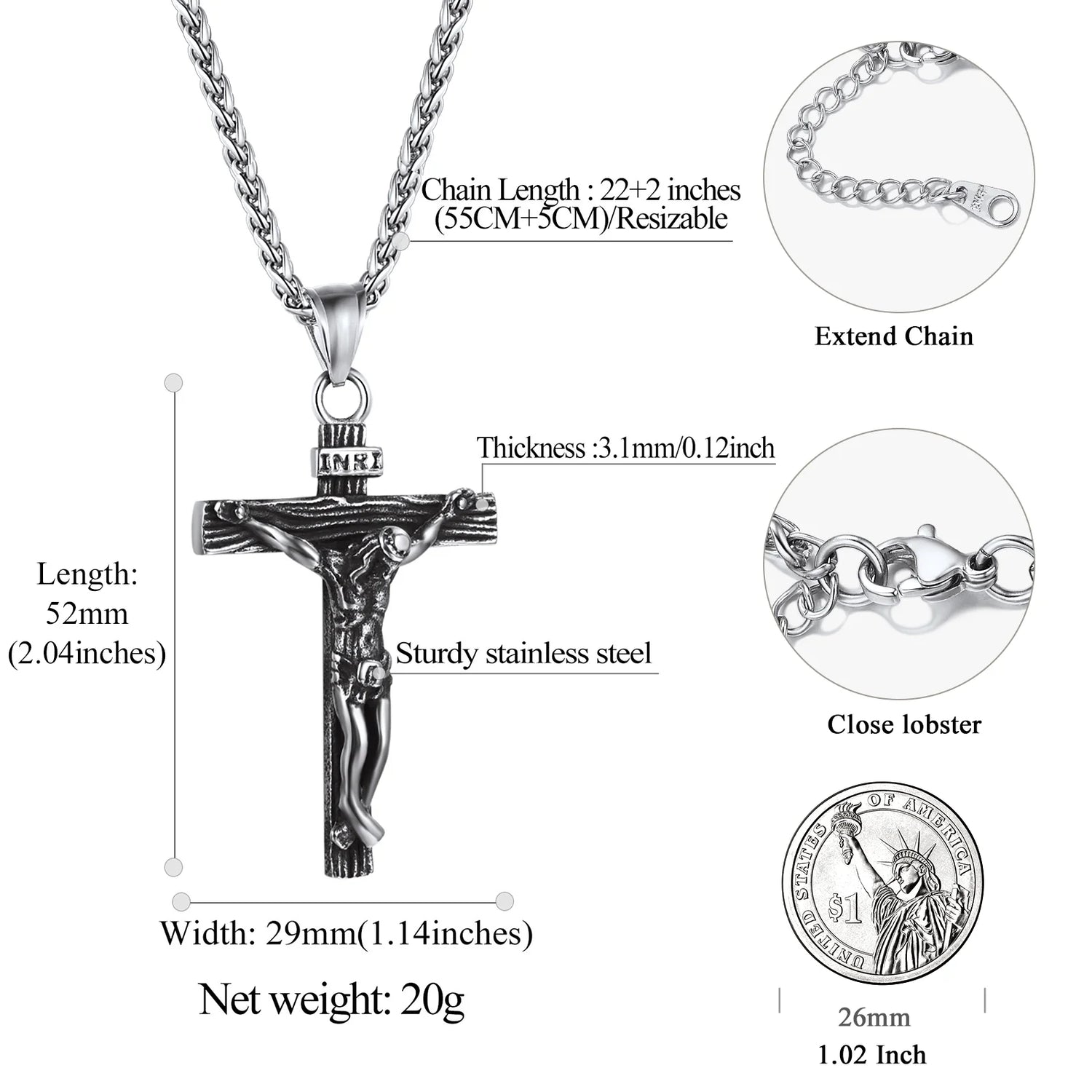 Men’s Stainless Steel Cross Necklace – INRI Crucifix Pendant, Religious Jesus Piece Praying Jewelry for Christian Dad, Father’s Day Gift