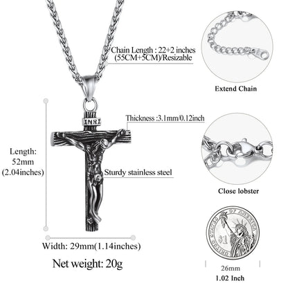 Men’s Stainless Steel Cross Necklace – INRI Crucifix Pendant, Religious Jesus Piece Praying Jewelry for Christian Dad, Father’s Day Gift