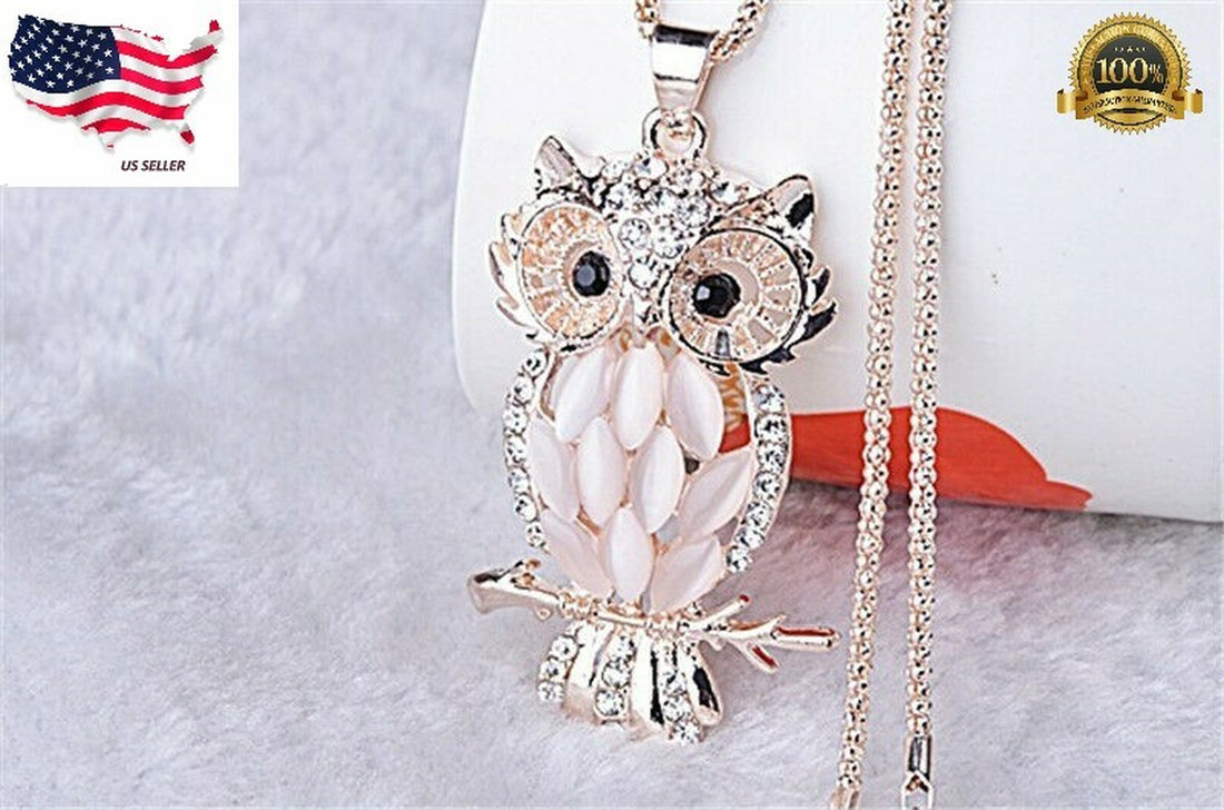 Fashion Sweater Chain Owl Necklace with Opal Stone Pendant – Trendy Sweater Chain Jewelry