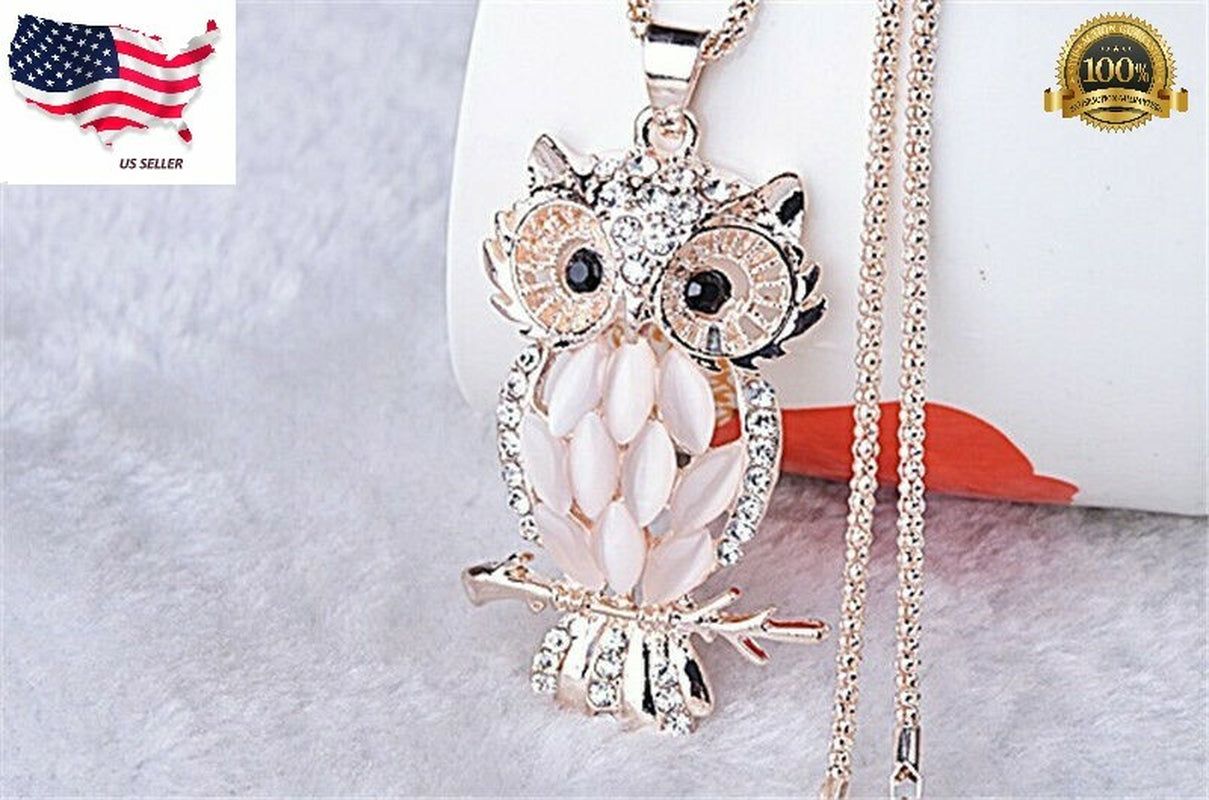 Fashion Sweater Chain Owl Necklace with Opal Stone Pendant – Trendy Sweater Chain Jewelry