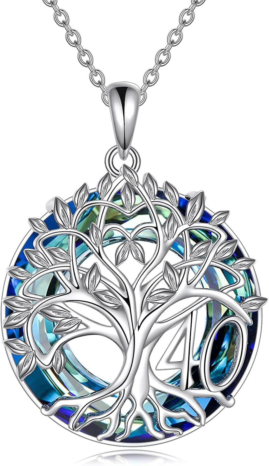 🎂 Birthday Gifts Necklace for Women – Sterling Silver Tree of Life Necklace with Blue Crystal | 16th 18th 30th 40th 50th 60th 70th 80th 90th 100th Birthday Gift | Mother’s Day &amp; Christmas Jewelry for Mom, Wife, Women
