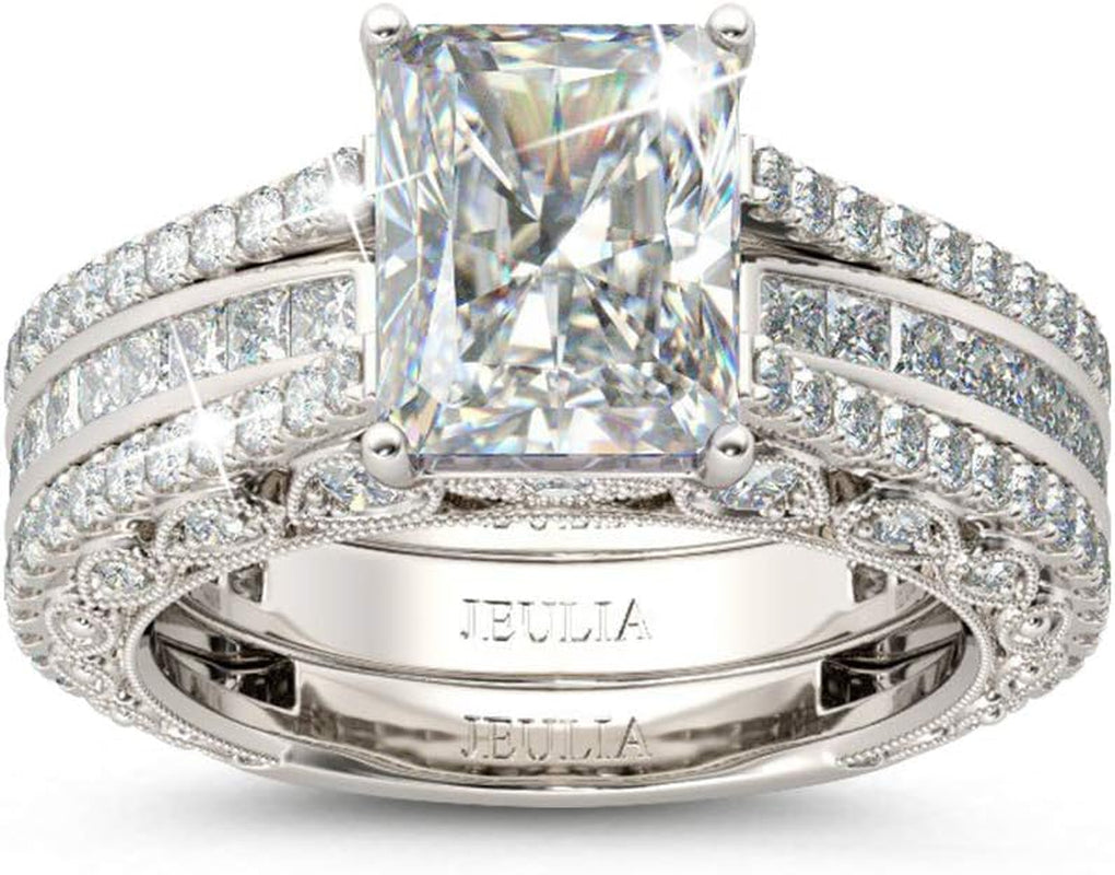 5.2 Carat Radiant Cut Engagement &amp; Wedding Ring Set for Women – 925 Sterling Silver with Side Stones – CZ Promise &amp; Anniversary Rings