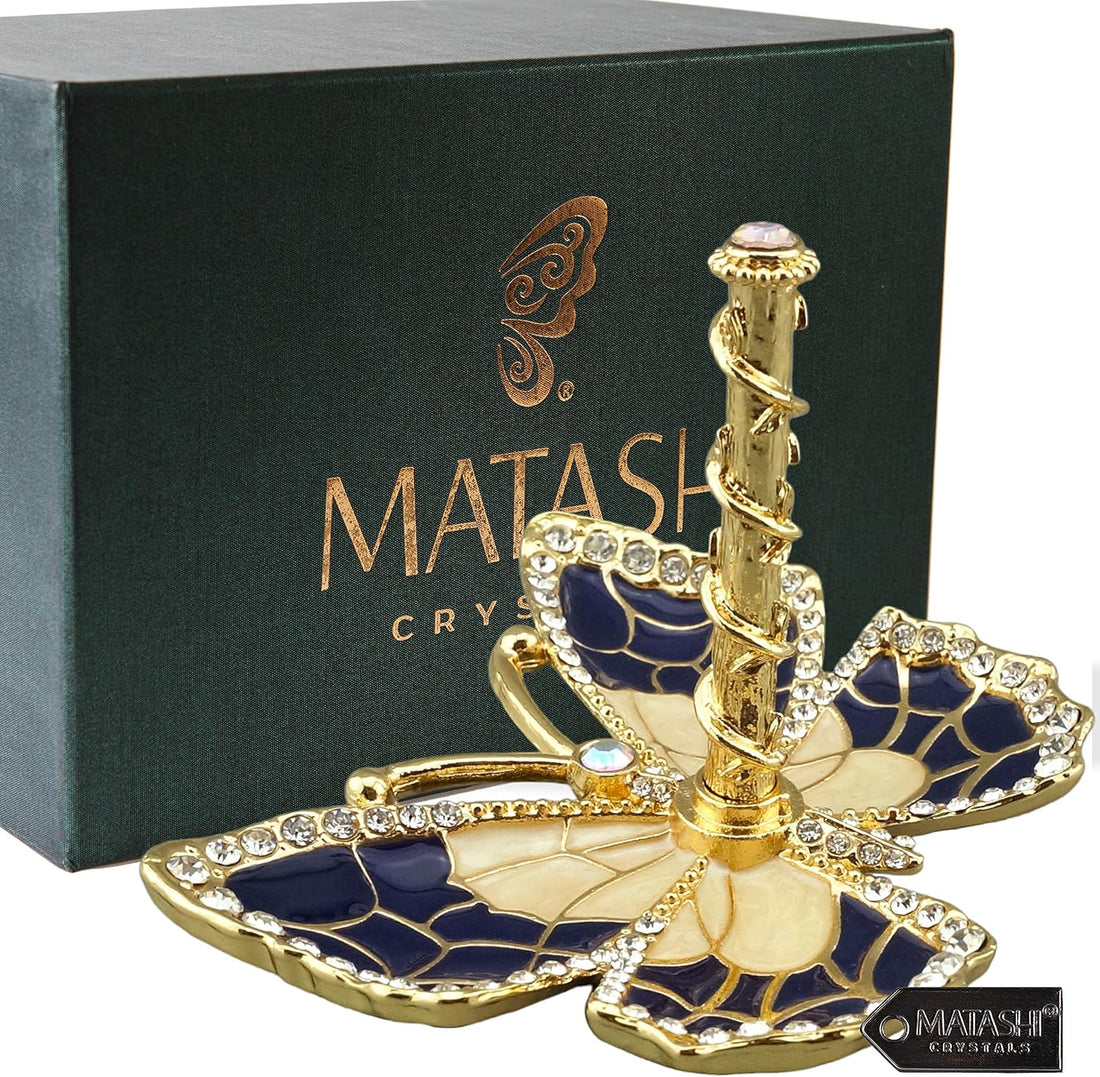 Blue Enamel &amp; Gold Plated Butterfly Jewelry Stand Organizer Ring Holder with Sparkling Crystals
