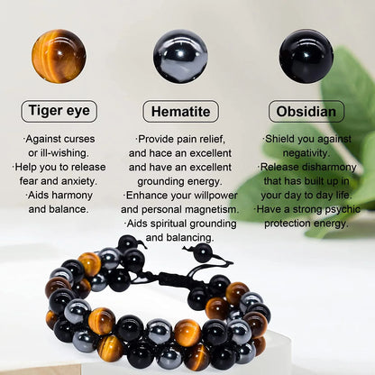 Triple Protection Crystal Bracelet – Handmade Tiger Eye, Hematite &amp; Black Obsidian Natural Stone Beads – 8mm Healing Bracelet for Men &amp; Women