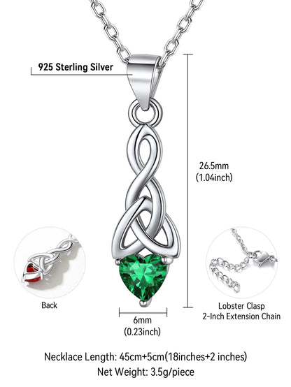💚 925 Sterling Silver Jewelry Set for Women – May Emerald Birthstone Heart Celtic Knot Necklace &amp; Drop Earrings | Dainty Jewelry Gift for Mom, Daughter, Wife, or Friend
