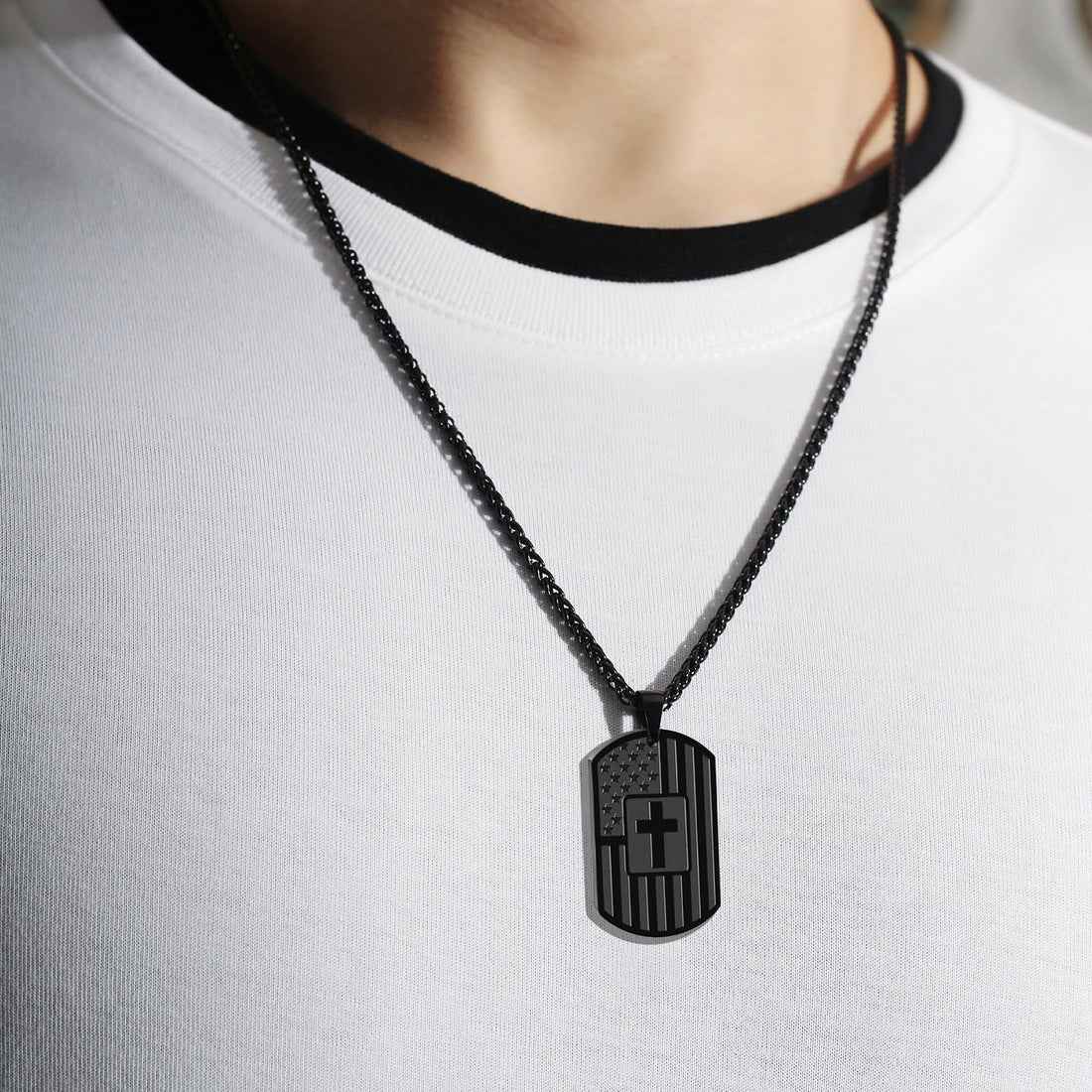 Black Dog Tag Cross Necklace for Men – Bible Verse Pendant, 24&quot; Stainless Steel Chain – Christian Religious Jewelry Gift