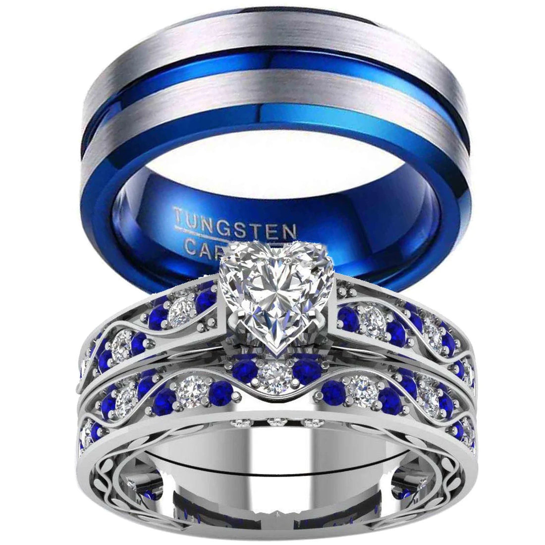 2 Matching Rings Set – White Gold Plated Heart-Shaped CZ Women’s Wedding Rings &amp; Blue Plated Tungsten Men’s Band