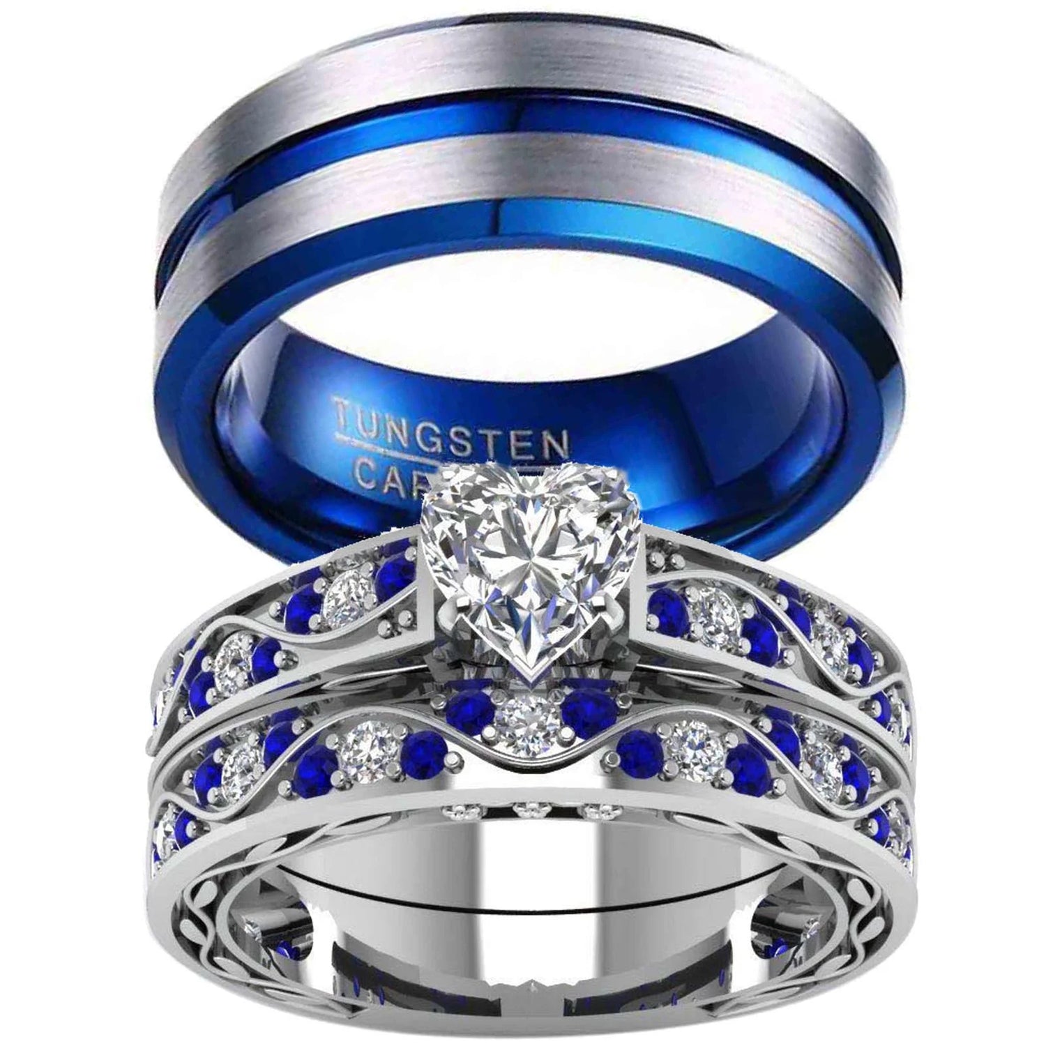 2 Matching Rings Set – White Gold Plated Heart-Shaped CZ Women’s Wedding Rings &amp; Blue Plated Tungsten Men’s Band