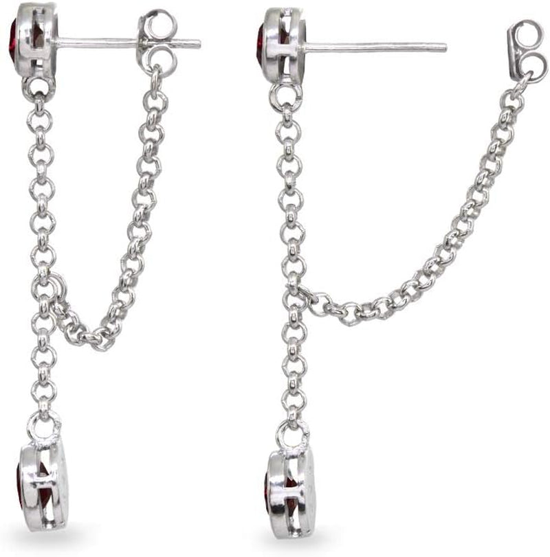 Sterling Silver Two-Stone Bezel-Set Drop Dangle Earrings – Genuine &amp; Synthetic Gemstone Round Earrings for Women
