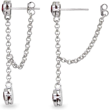 Sterling Silver Two-Stone Bezel-Set Drop Dangle Earrings – Genuine &amp; Synthetic Gemstone Round Earrings for Women