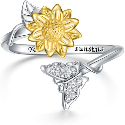 🌻 Christmas Gifts for Women – 925 Sterling Silver Sunflower/Rose/Initial G Butterfly Rings | “You Are My Sunshine” Adjustable Jewelry Gift