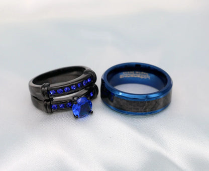 Matching Couple Rings – Black Gold Plated 1CT Blue CZ Wedding Ring Set with Male Ring