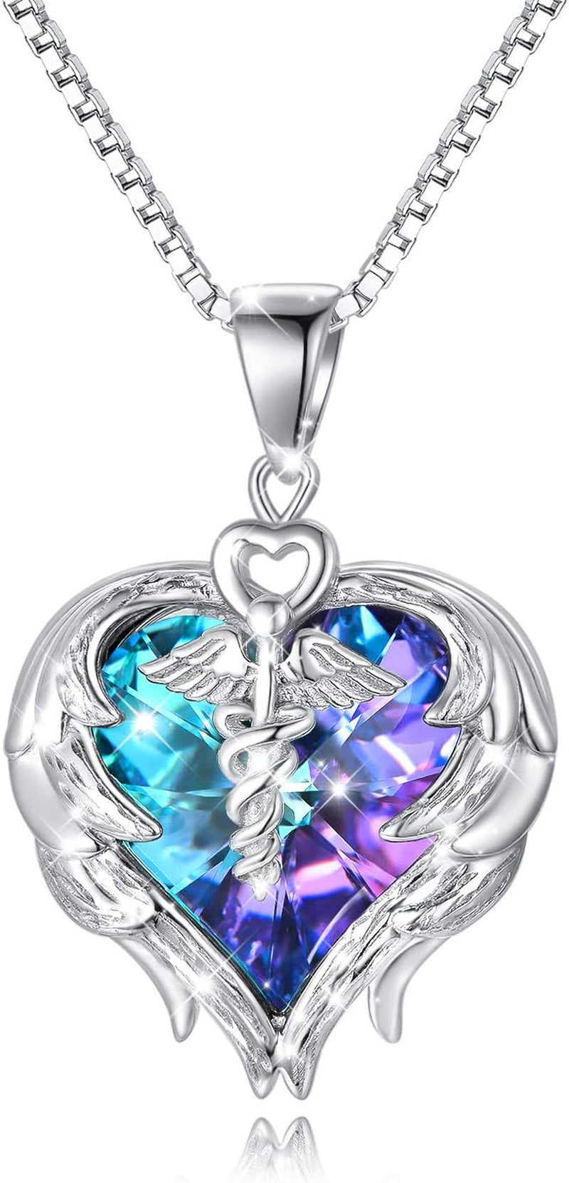 925 Sterling Silver Nurse Necklace – Caduceus Angel Wing Heart Pendant with Austrian Crystal, Gift for Nurses, Doctors &amp; Medical Students