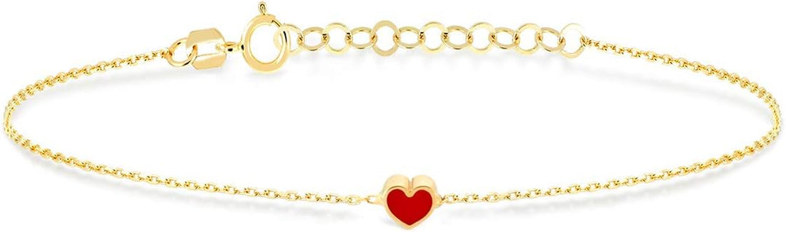 14K Solid Gold Red Heart Bracelet for Women, Adjustable 6+1 Inch Dainty Chain