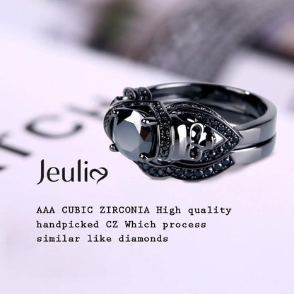 3.6 Carat Black Tone Skull Ring Set – Round Cut Cubic Zirconia Engagement &amp; Wedding Bands for Women &amp; Men, Sterling Silver Bridal Promise Ring with Gift Box