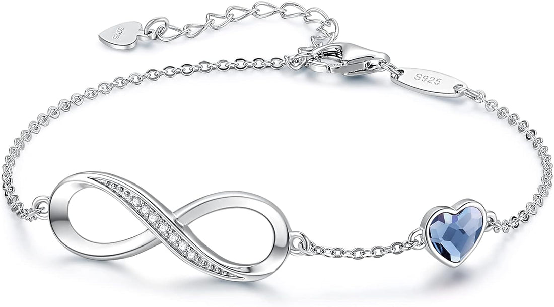Infinity Heart Birthstone Charm Link Bracelet – 925 Sterling Silver Adjustable Jewelry Gift for Women, Wife, Girlfriend
