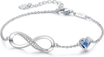 Infinity Heart Birthstone Charm Link Bracelet – 925 Sterling Silver Adjustable Jewelry Gift for Women, Wife, Girlfriend
