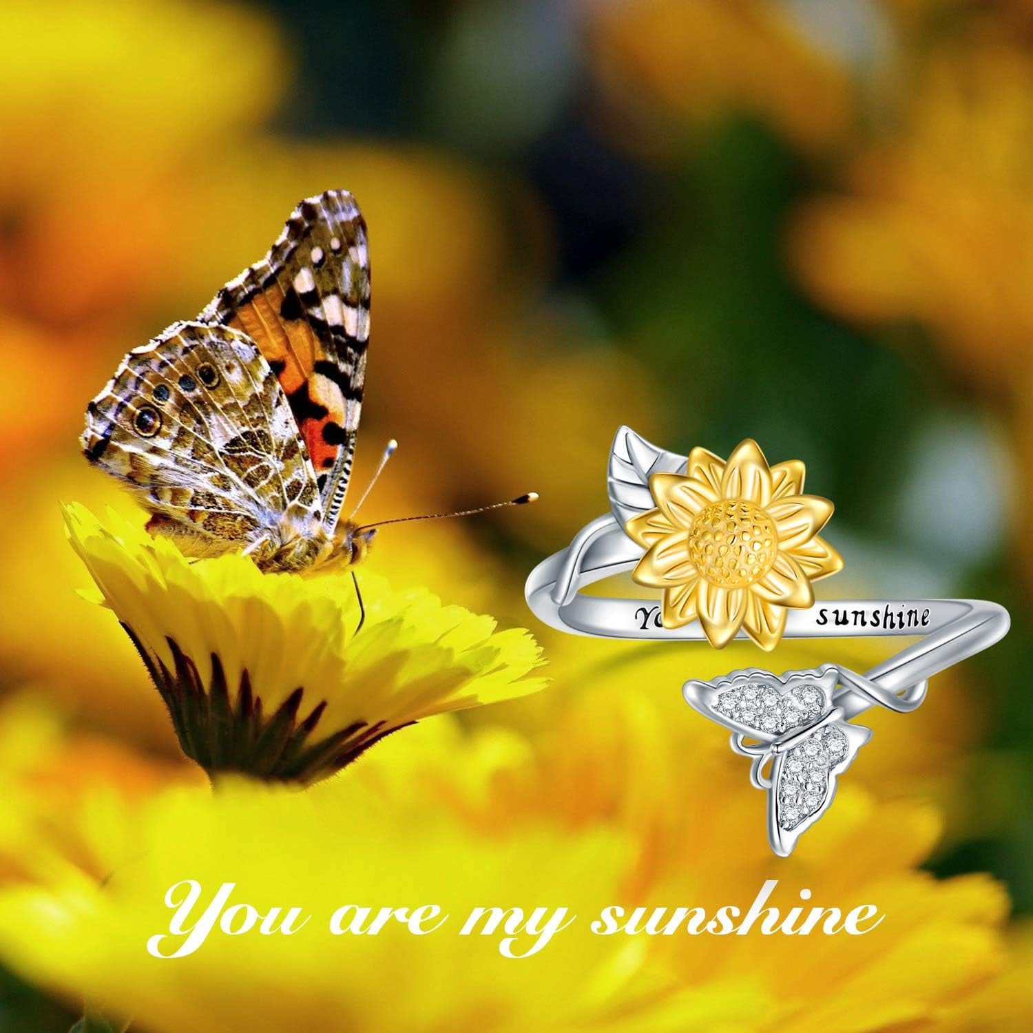 🌻 Christmas Gifts for Women – 925 Sterling Silver Sunflower/Rose/Initial G Butterfly Rings | “You Are My Sunshine” Adjustable Jewelry Gift