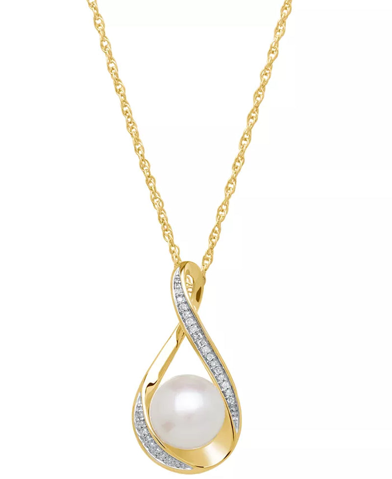Cultured Freshwater Pearl (9mm) and Diamond Accent Pendant Necklace in 14K Gold – 18&quot;