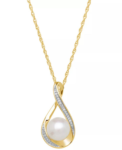 Cultured Freshwater Pearl (9mm) and Diamond Accent Pendant Necklace in 14K Gold – 18&quot;