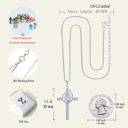 Mom Cross Necklace 925 Sterling Silver Mother Pendant Birthstone Mum Jewelry for Women