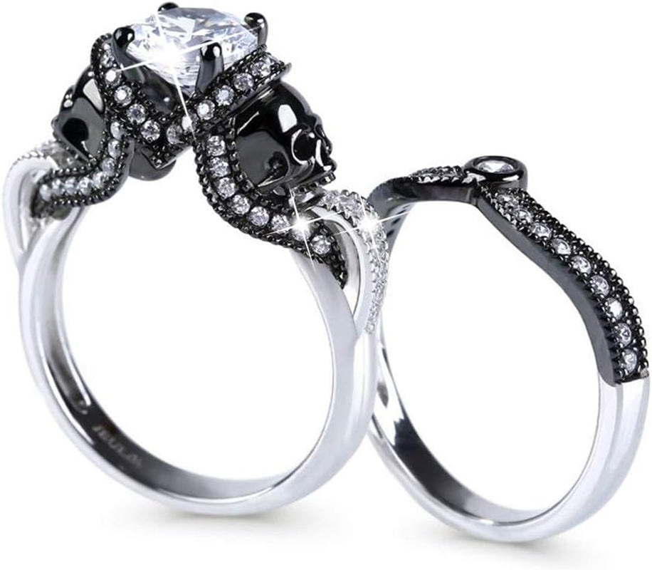 3.68 Carat Skull Bridal Ring Set for Women – Two-Tone Sterling Silver Twist Band with White Diamond CZ, Black Plated Engagement &amp; Promise Ring with Gift Box