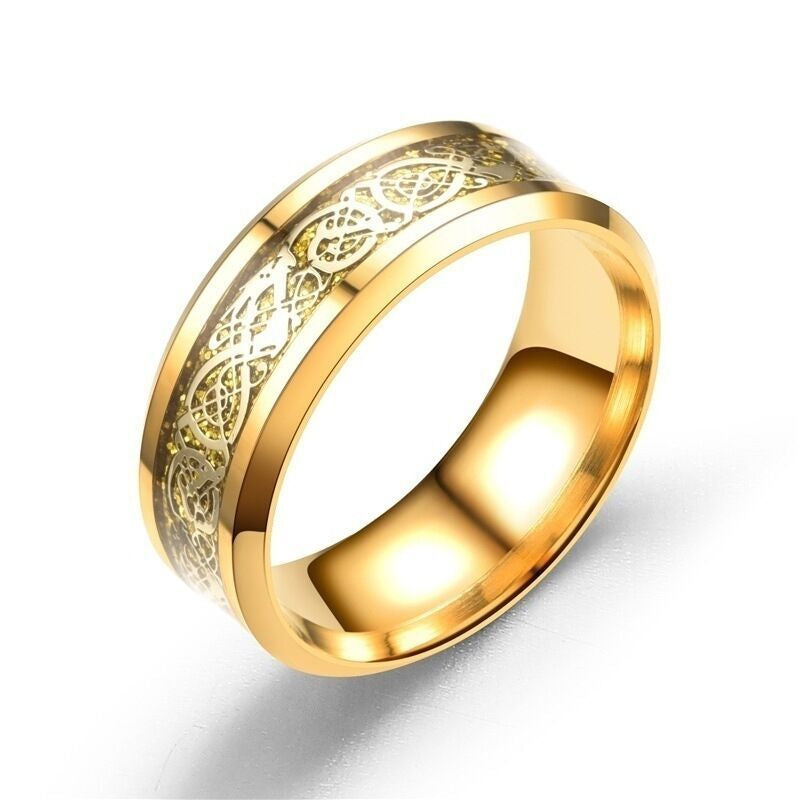 Celtic Dragon Band Ring – Bold Gold-Plated Stainless Steel for Men &amp; Women