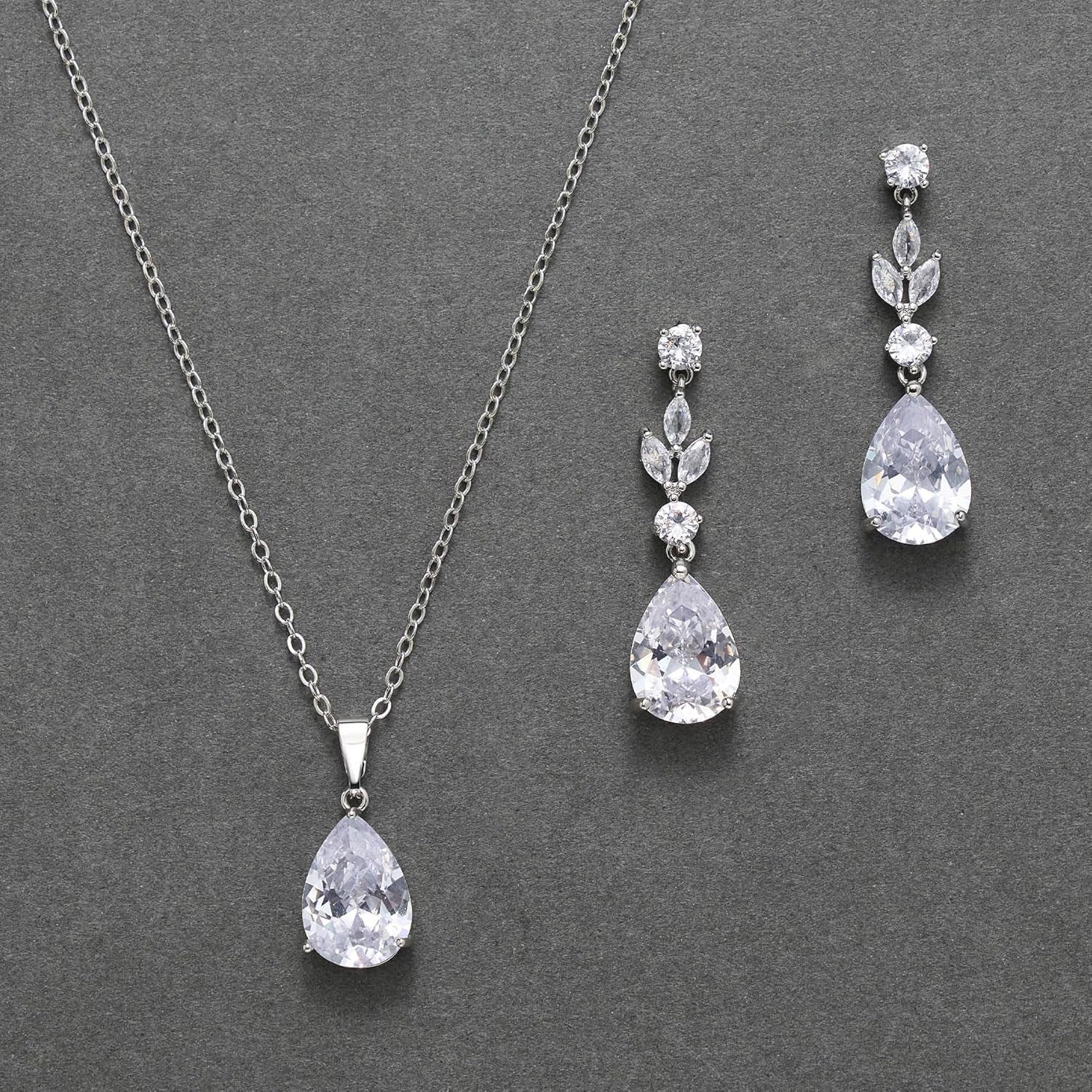 Teardrop Crystal Wedding Jewelry Set – Silver Bridal Necklace and Drop Earrings for Women, Brides, Bridesmaids, Prom &amp; Special Occasions