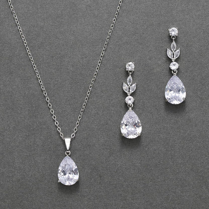Teardrop Crystal Wedding Jewelry Set – Silver Bridal Necklace and Drop Earrings for Women, Brides, Bridesmaids, Prom &amp; Special Occasions