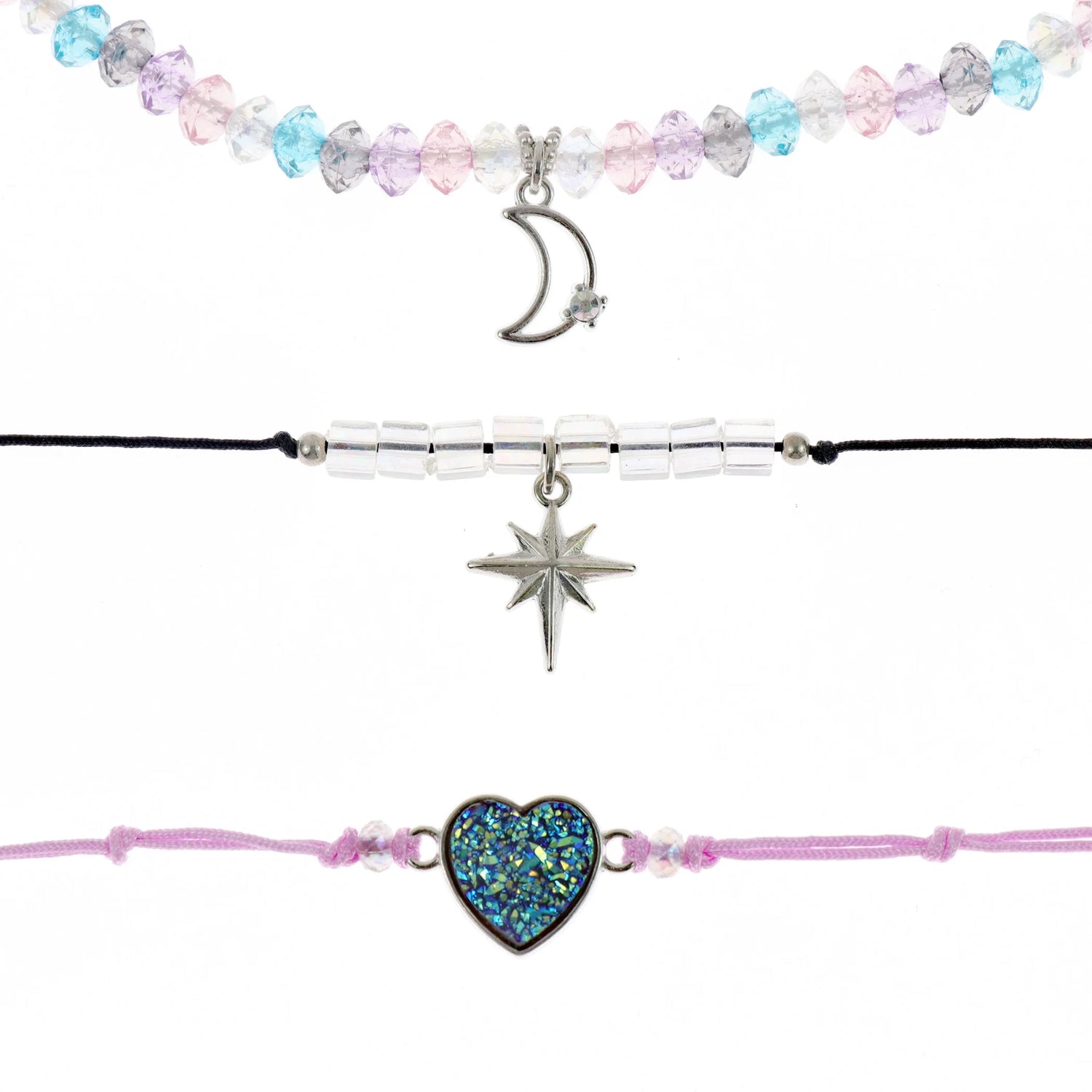 Kids Celestial Necklace &amp; Choker Set – 4-Pack Rhodium-Plated Star &amp; Moon Jewelry for Girls