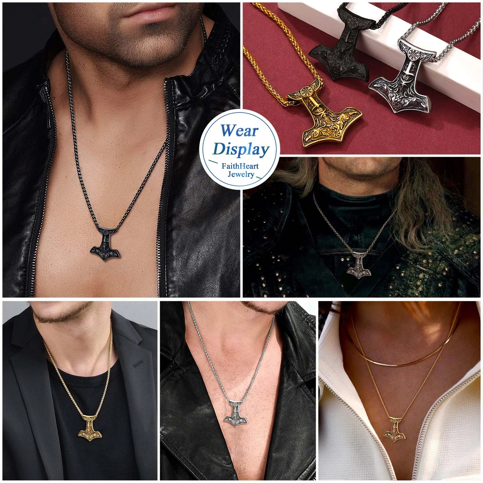 Thor’s Hammer Necklace for Men – Gold Plated Stainless Steel Mjolnir Pendant, Odin &amp; Raven Norse Viking Jewelry