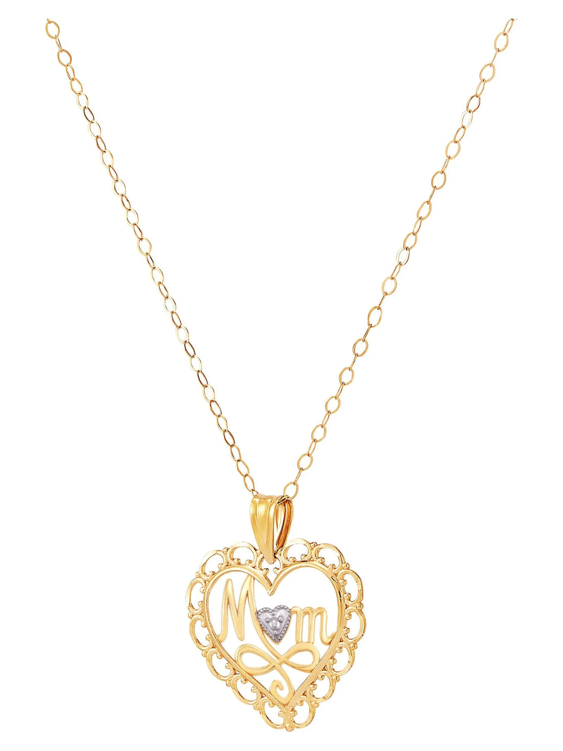 10K Yellow Gold “Mom” Heart Pendant with Rhodium Filigree – 18&quot; Gold Filled Chain