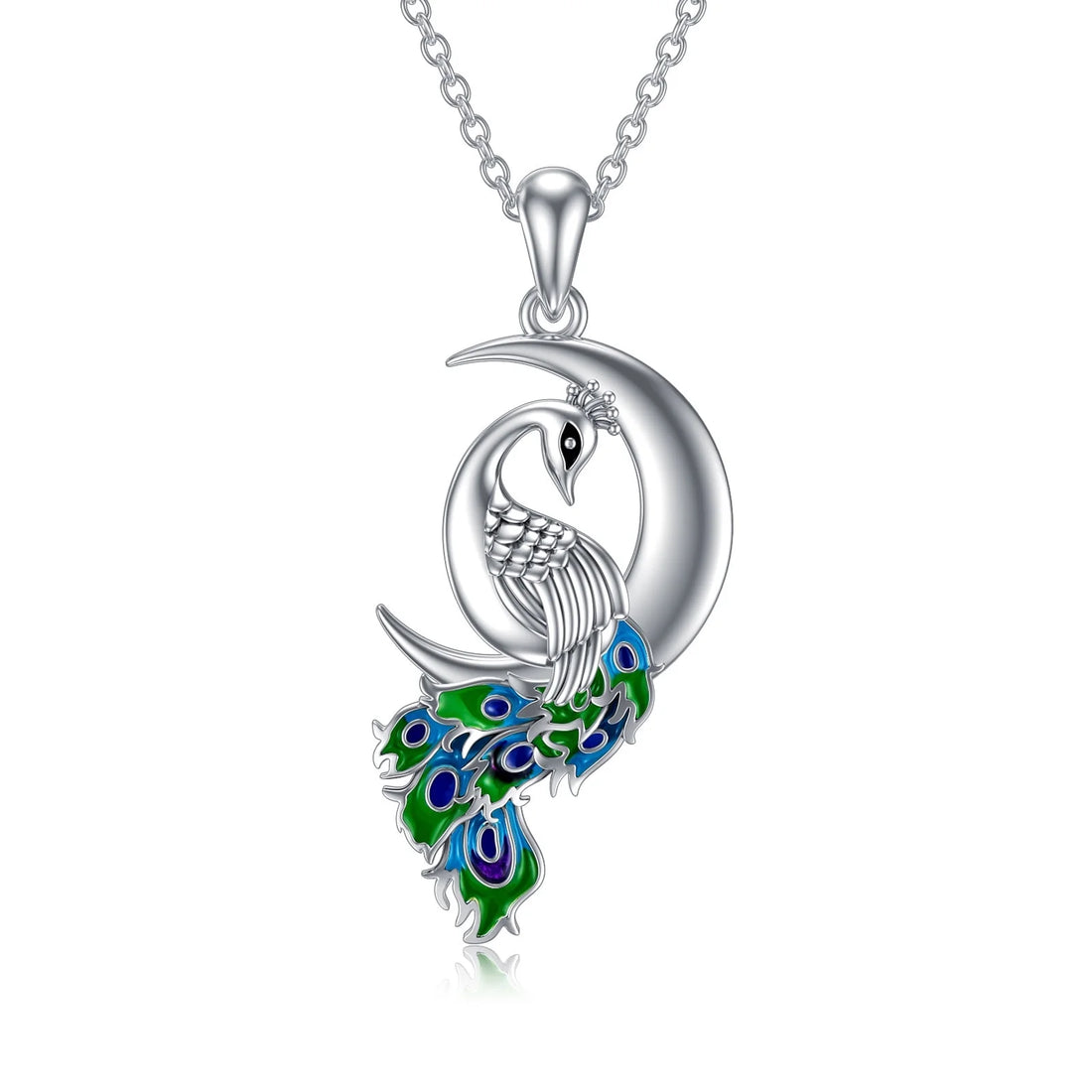 Peacock Moon Crystal Necklace – 925 Sterling Silver Crescent Pendant Jewelry for Women