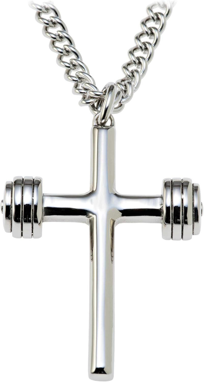 Men’s 14K Gold Plated &amp; Stainless Steel Dumbbell Cross Pendant Necklace – Inscribed with John 19:30 | Faith &amp; Fitness Christian Gift