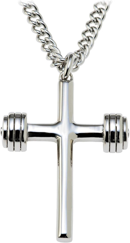 Men’s 14K Gold Plated &amp; Stainless Steel Dumbbell Cross Pendant Necklace – Inscribed with John 19:30 | Faith &amp; Fitness Christian Gift